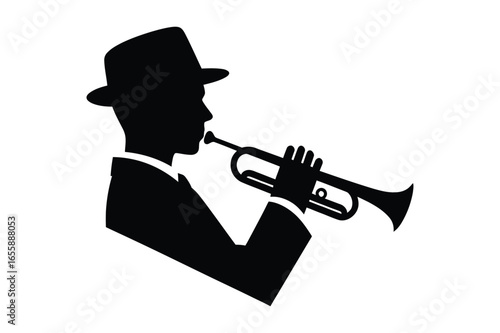 trumpet player silhouette, Black and White Jazz Musician Trumpet Performance, Musician plays the trumpet jazz Silhouette logo icon.