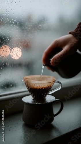 Pouring Hot Coffee Through Filter in Rainy Window Setting
