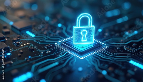 Digital illustration of glowing blue padlock icon centered on computer chip, representing privileged access management. Circuit board features illuminated lines, nodes, suggesting secure network,