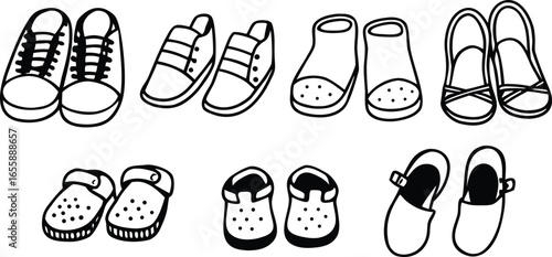 Vector art of collection of various types of footwear and shoes.