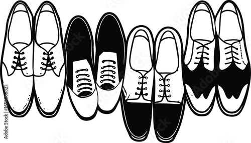 Vector art of collection of various mens dress shoes and footwear in a line.