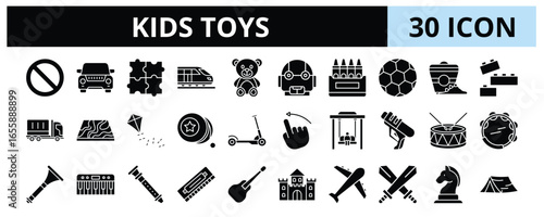 30 Kids Toys Glyph Icon Vector - Puzzle, Robot, Lego, Horse, Crayon, Ball, Teddy Bear