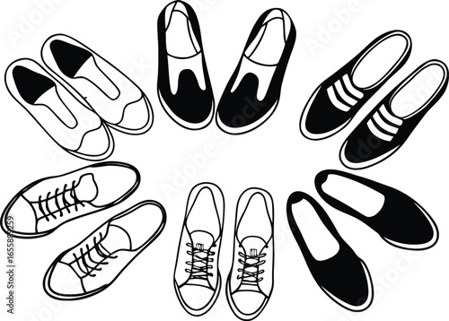 Vector art of a clean and minimalist collection of casual footwear, including sneakers and loafers, presented as a black and white sketch.