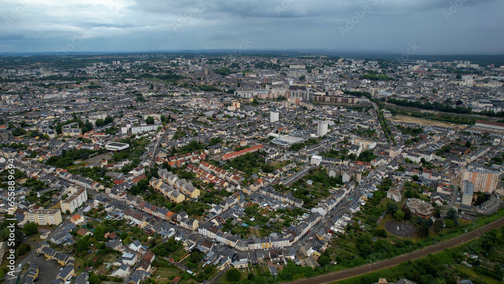Obraz premium Aerial panorama view of the old town in the city of Le Mans in France on a sunny summer day