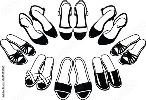 Vector art of assortment of womens footwear including sandals, heels, and flats in black and white.