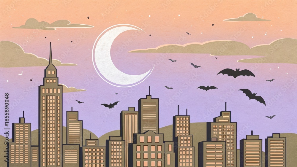 Fototapeta premium City skyline with bats and a crescent moon at dusk.