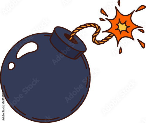 Cartoon groovy bomb pirate and corsair weapon with lit fuse and sparks. Isolated vector danger vintage medieval grenade. Round black explosive object with thick rope. Funny comic weapon ready to boom