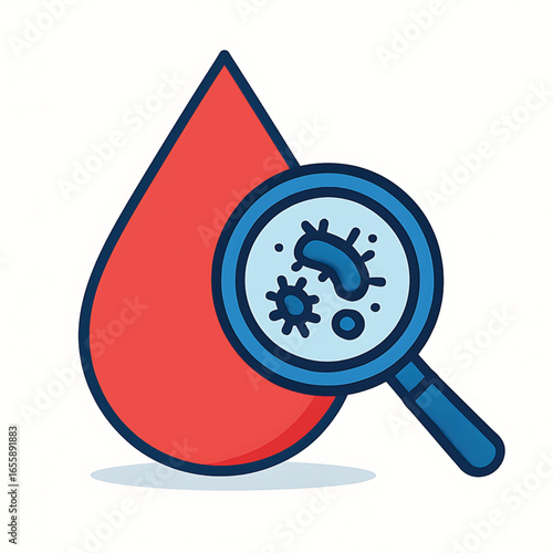 Vector of blood drop with magnifier and bacterium. microorganism. Symbol of legionella pneumophila. Icon of infection in blood