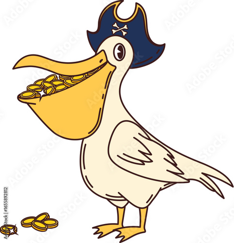 Cartoon funny pelican bird pirate corsair animal character with a beak filled with gold coins. Isolated vector feathered buccaneer sailor personage with captain hat hunts treasures on the high seas