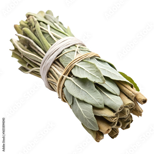 A bundle of dried sage smudge sticks with leaves tied together, used for cleansing and spiritual rituals, isolated on transparent background