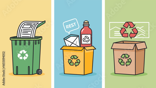 Recycling Bins with Different Waste Types Illustration