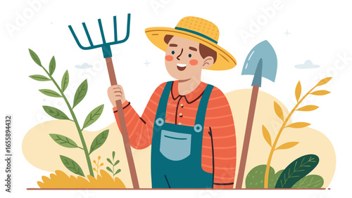 Friendly Gardener with Tools A Cheerful Farming Illustration