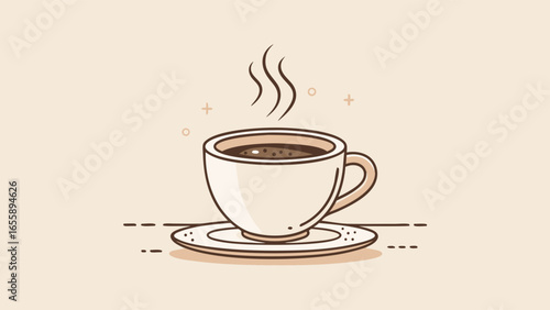 Steaming Cup of Coffee Illustration with Minimalist Design on Beige Background