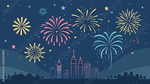 Colorful Fireworks Display Over City Skyline at Night Celebration
