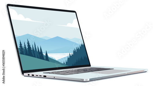 Laptop Displaying Landscape with Forest and Mountains, Open on White Background