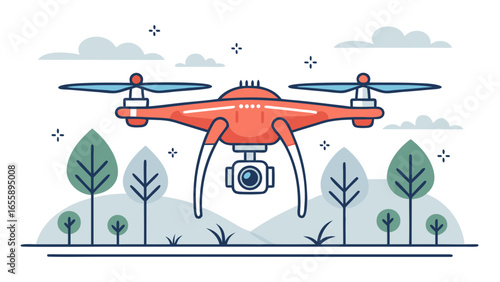 Aerial quadcopter drone with video camera hovering above a stylized park landscape illustration