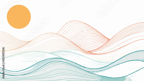 Abstract Wavy Lines A Colorful Coastal Landscape with Sun and Water in a Calm Aesthetic