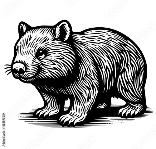 Hand-drawn Illustration of a wombat in a woodcut style