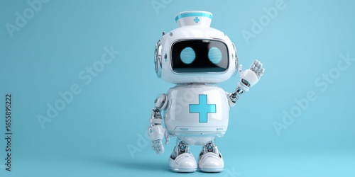 Friendly medical robot waving hello on blue background for healthcare technology concept