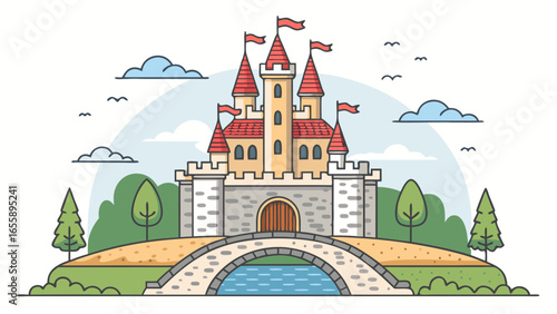 Whimsical illustration of a majestic fairytale castle with towering spires and a charming bridge over a serene moat, ready for adventure.