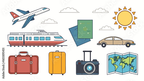 Travel Icons Plane, Train, Suitcase and More Adventure Elements