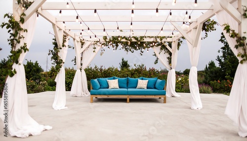 Teal Sofa Under Romantic Outdoor Pergola with String Lights