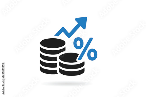 Vector of growing coins pile stack with percent sign and arrow up. Symbol of inflation