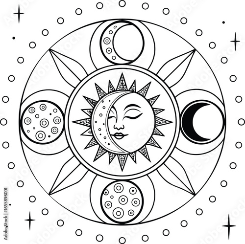 Vector illustration of a vintage coffee cup, abstract clock, and an eye, an artful decoration with a business concept