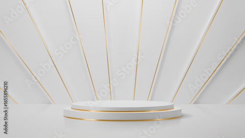 White podium or stage with golden rays and platform pedestals, vector studio room background. Premium luxury white podium with round circle platform stairs and shiny golden rays for product display