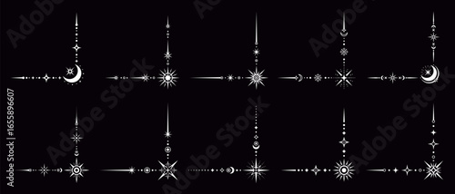Esoteric silver celestial border corners. Vector magic and mystic Boho frames set, elegant space decoration with a stellar embellishments. Decorative angles with stars, moons, suns and cosmic patterns