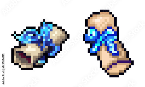Retro-inspired pixel art featuring two scrolls with blue ribbons. These charming elements evoke a sense of nostalgia and are perfect for game assets, digital designs, or vintage-themed projects.