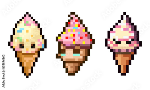 A delightful collection of three pixelated ice cream cones. These charming pixel art creations evoke a sense of nostalgia and the vintage video game era. Ideal for retro game development, graphic
