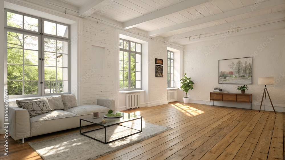 Fototapeta premium A bright minimal living room with wooden floor, white walls, and natural sunlight streaming through windows.