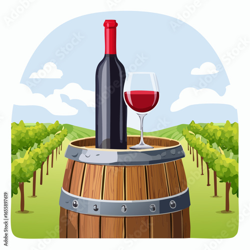glass of red wine and a bottle placed on a barrel in a vineyard restaurant