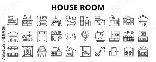 30 House Room Line Icons Vector - Bedroom, Office, Bathroom, Lounge, Mudroom, Playroom, Balcony