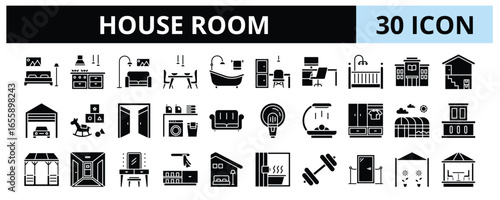 30 House Room Glyph Icons Vector - Bedroom, Office, Bathroom, Lounge, Mudroom, Playroom, Balcony