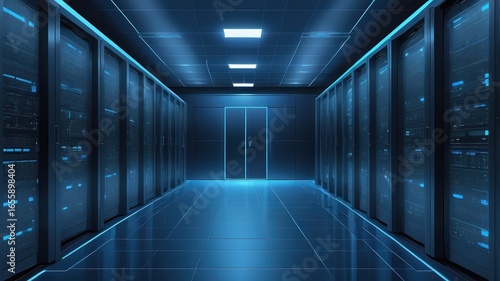 A long corridor with servers on both sides and a door at the end with blue neon lighting