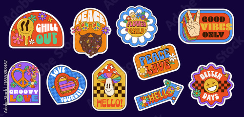 Cartoon hippie groovy label stickers with funny smiles and flowers, vector set. Groovy stickers with trippy smiles and peace sign sunglasses, psychedelic mushrooms, love hearts and good vibes labels