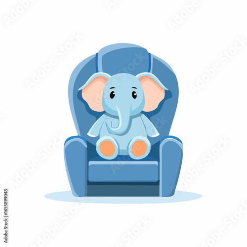 A light blue plush elephant sits serenely in a matching blue armchair.