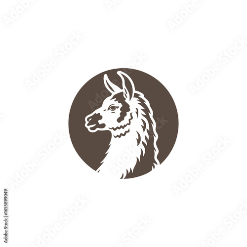 Brown circular logo featuring a white llama head in profile alpaca camelid