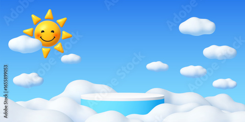 Kids podium stage with cute sun, blue sky and white clouds. Vector cheerful background, natural scene with a smiling sun, fluffy clouds and round platform for children presentations with friendly vibe