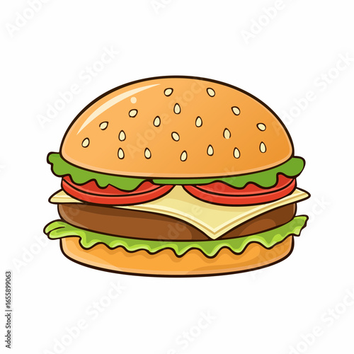 A juicy cheeseburger with sesame seed bun, lettuce, tomato, and melted cheese.