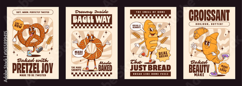 Groovy bakery and pastry characters posters with cartoon baked goods pretzel, bagel, bread and croissant promoting fun bakery messages with retro colors and bold, playful typography