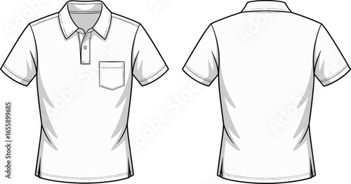 Classic men's polo shirt technical fashion sketch with short sleeves, button placket, and chest pocket for casual wear CAD, flat vector illustration