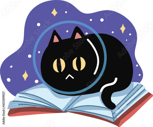 A Black Cat in Space Helmet on a Book