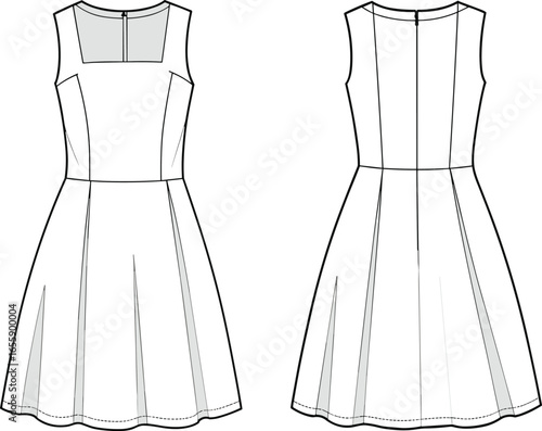 Sleeveless A-line dress technical fashion sketch with square neckline, fitted bodice, and pleated skirt for women's apparel CAD, flat vector illustration