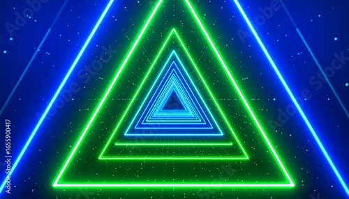 Neon Triangle Tunnel: A Vibrant Green and Blue Geometric Journey into the Digital Realm