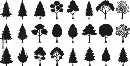 Silhouette collection of diverse trees, evergreen, deciduous, botanical illustration, forest nature art, vector design, foliage graphics, seasonal tree shapes, landscaping, ecology