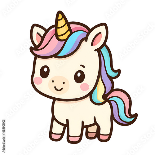 Adorable cartoon unicorn with rainbow mane and horn for children's designs and branding