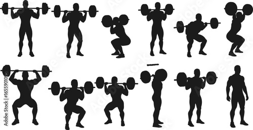 Silhouette illustrations of weightlifting exercises, barbell squats, strength training, fitness workout, gym routine, muscle building, exercise guide, proper form, athletic body